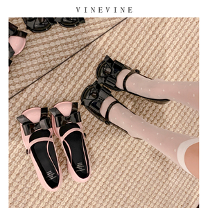 vinevine蔓蔓一字带圆头玛丽珍鞋蝴蝶结甜美粉色粗跟厚底高跟鞋女