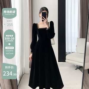 FT GUOGE黑色连衣裙女2023年秋冬新款法式复古赫本风方领丝绒裙子