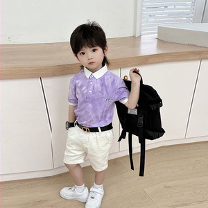 儿童夏季短袖Polo领上衣洋气紫色花纹T恤配小白短裤中小童休闲潮