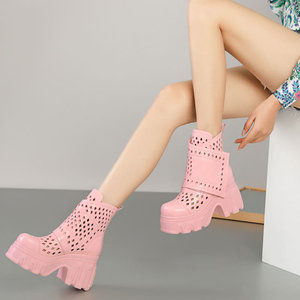 春夏镂空靴子女粗跟真皮厚底凉靴小个子增高女靴粉色10cm高跟短靴