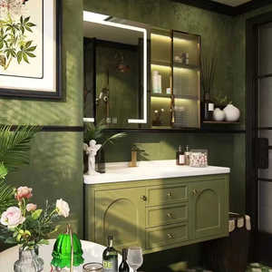 实木现代洗手池陶瓷一体盆智能浴室柜组合挂墙式卫生间烤漆洗脸池