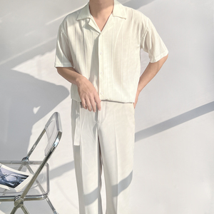 原创古巴领免烫竖条纹理设计感男半短袖衬衫宽松高级垂坠休闲夏季