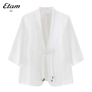 艾格ES新中式中袖西装外套女2024新款小个子夏季薄款宽松雪纺西服