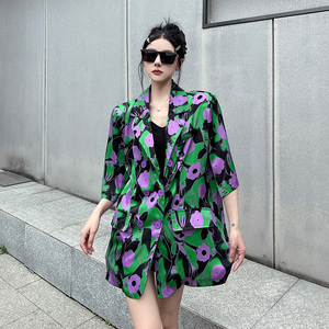 韩版紫色大花撞色小众设计感衬衫西装外套女夏季宽松休闲中长西服