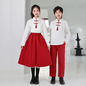儿童中国风六一合唱表演服中小学运动会班服红色爱国朗诵学生班服