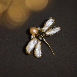 法式复古洛可可风 高级珠宝 天然珍珠母贝彩色蜻蜓宝石胸针胸花