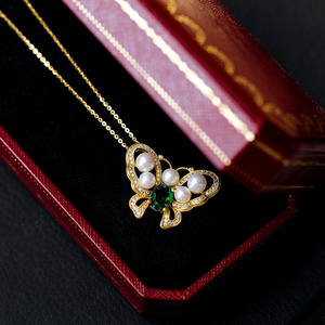 日本进口配件 高级感925银天然海水珍珠祖母绿宝石古董蝴蝶项链