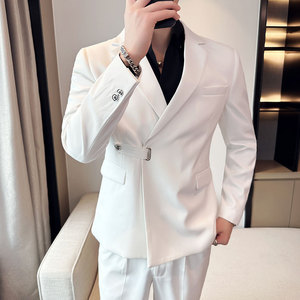 白色西装男套装斜扣设计感修身韩式高端宴会礼服休闲小西装外套