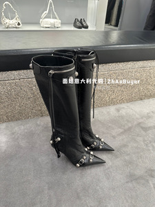 Balenciaga巴黎世家 面姐代购 时尚黑色铆钉拉链尖头机车高筒靴鞋