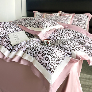 美式粉色豹纹床上四件套全棉纯棉 新款100支长绒棉床单被床上用品