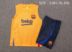 巴萨橙色足球训练背心球衣2223新款短裤套装男跑步健身运动队服