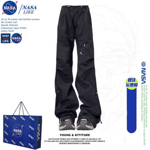 NASA春季美式复古黑色降落伞兵阔腿冲锋裤子2024新款抽绳工装裤女