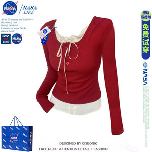 NASA红色假两件蕾丝花边长袖t恤女春秋打底衫纯欲甜辣妹短款上衣