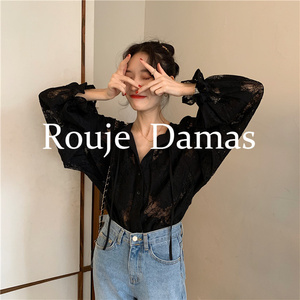 Rouje Damas 黑色领口系带独特设计小衫女镂空蕾丝灯笼袖衬衫上衣
