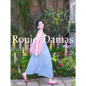 Rouje Damas 蓝白条纹撞色圆领无袖连衣裙女夏季优雅小众背心长裙
