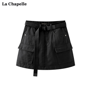 拉夏贝尔/La Chapelle腰带款牛仔短裙女口袋小众百搭工装半身裙夏