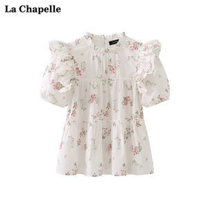 拉夏贝尔/La Chapelle圆领花边拼接泡泡袖衬衫女夏季新款短袖小衫