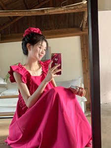 大码女装树莓紫酱背心连衣裙女夏季新款韩系方领木耳边显瘦长裙子