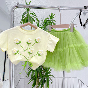 女童夏季套装韩国童装22儿童甜美清新立体花朵上衣网纱短裙两件套