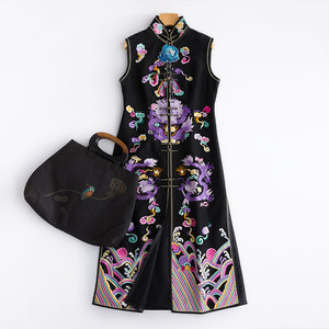 CPP117龙袍刺绣中式霸气无袖黑色复古古典盘扣长旗袍外套女礼服