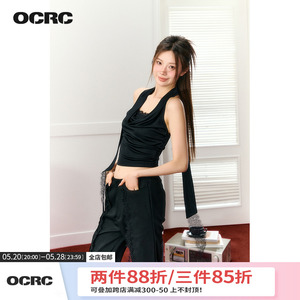 OCRC Official 设计感荡领拼接蕾丝背心女自带领带辣妹别致小上衣
