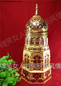 特价俄罗斯R2锡金属茶叶筒罐桶盒城堡形金红色高30厘米特大号厚重