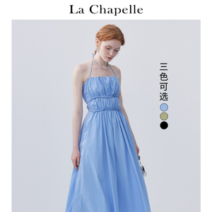 拉夏贝尔/La Chapelle气质一字领系带松紧高腰褶皱吊带连衣裙女夏