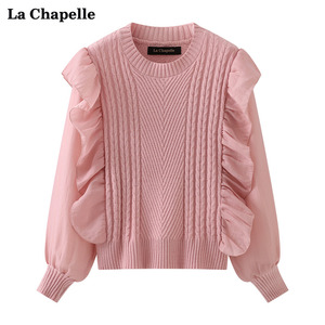 拉夏贝尔/La Chapelle圆领荷叶边拼接毛衣女宽松套头甜美针织上衣
