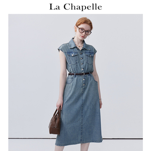 拉夏贝尔/La Chapelle翻领半纽扣高腰腰带无袖牛仔连衣裙复古长裙