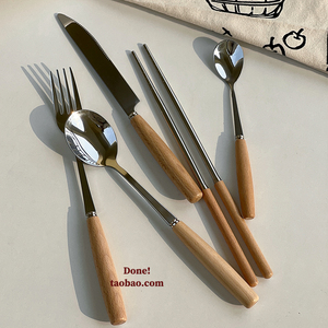 韩国简约ins风木柄筷子刀叉勺子不锈钢西餐餐具套装饭勺小汤勺子