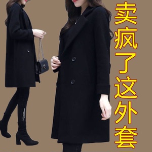 2021年黑色毛呢外套女中长款新款韩版秋冬女装茧型显廋妮子大衣