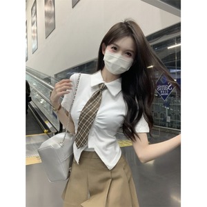 韩版POLO领短袖衬衫女夏季2024新款设计感小众修身短款不规则上衣