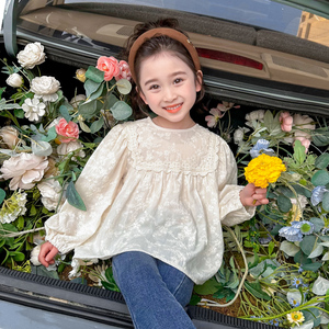 韩国女孩春装蕾丝打底衫2024新款薄款女童长袖刺绣娃娃衫公主宽松