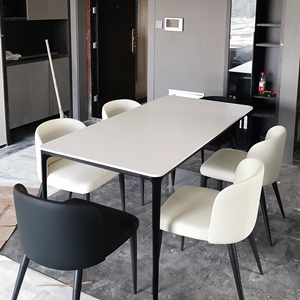 实木岩板餐桌家用小户型桌椅组合圆角现代简约极简饭桌纯黑桌子