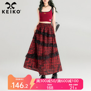 KEIKO 蕾丝花边饰红色格子半身裙2024春夏复古显高遮跨A字长裙子