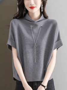 奥特莱斯外贸女装品牌折扣撤柜夏季半高领设计感冰丝蝙蝠袖针织衫