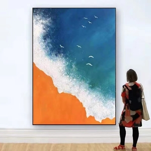 手绘油画橙色海浪玄关挂画现代简约客厅克莱因蓝装饰画背景墙壁画