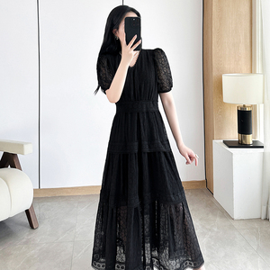 韩版黑色蕾丝连衣裙女2024新款高级感高腰显瘦大牌长款V领A字裙子