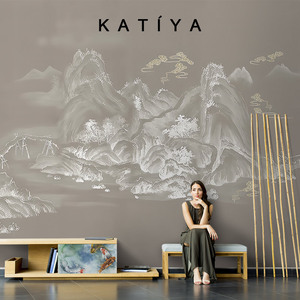 Katiya手绘轻奢墙布装饰壁纸背景墙新中式素描山水定制壁画卧室3d