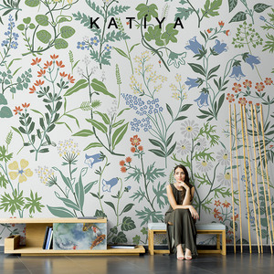 Katiya美式风格花草墙布装饰手绘壁纸电视背景墙卧室客厅定制壁画