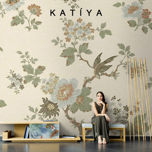 Katiya美式法式墙纸花卉背景墙壁纸电视机壁画复古卧室客厅定制3d