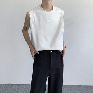 韩国小众字母设计打底衫背心男运动健身夏季纯色宽松坎肩无袖T恤