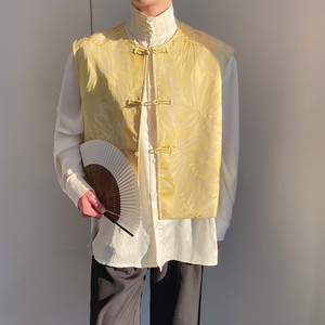 新中式浮光暗纹设计感黄色坎肩上衣男装背心百搭国风宽松马甲外套