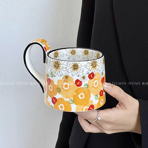 趣皿*复古手绘金茶花马克杯陶瓷水杯咖啡杯子高颜值小众原创礼物