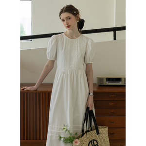 MELLIIY 2024年新款法式泡泡袖圆领系带设计感白色桔梗连衣裙女夏