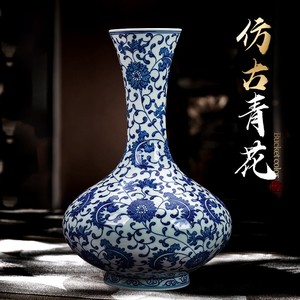 景德镇陶瓷器手绘青花瓷花瓶古桌面中式客厅装饰品摆件