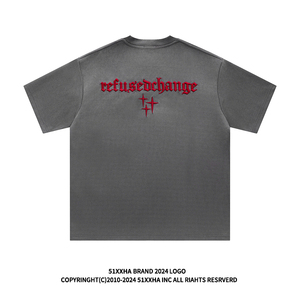 51嘻哈十字架字母刺绣重磅做旧短袖男生美式街头机能风hiphopT恤