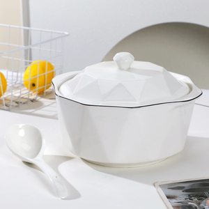碗家用纯白陶瓷带盖品锅双耳汤碗创意钻石锅大容量汤盆耐高温餐具