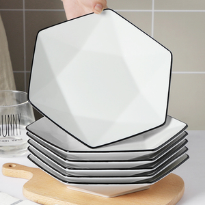 盘子菜盘家用陶瓷大号菱形盘子创意个性简约黑边线盘子水果沙拉盘