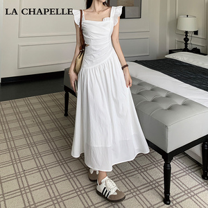 拉夏贝尔初恋系连衣裙女2024夏季新款白色气质收腰设计感法式长裙